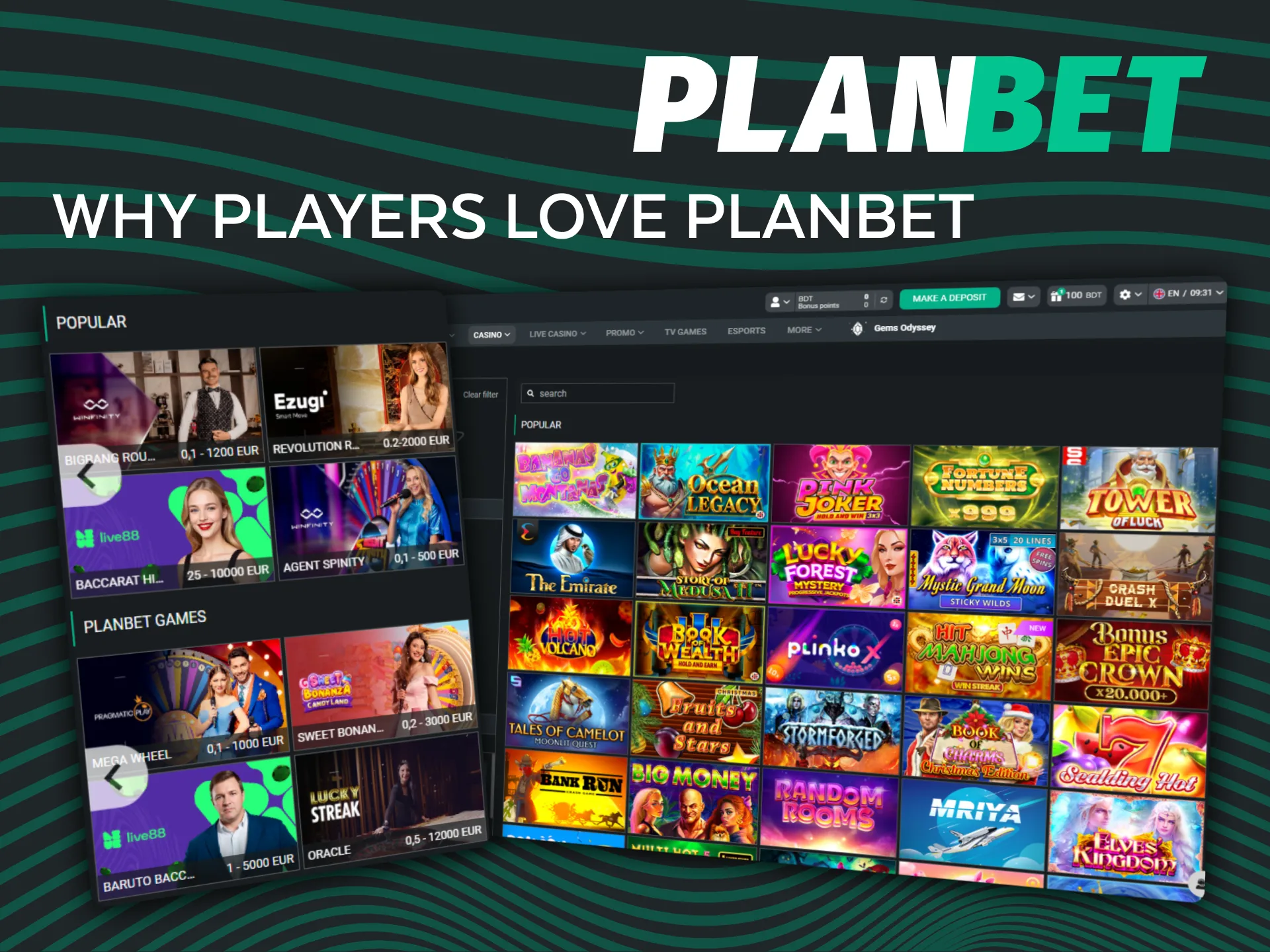 Play over 5000 games and bet on sports at Planbet casino.