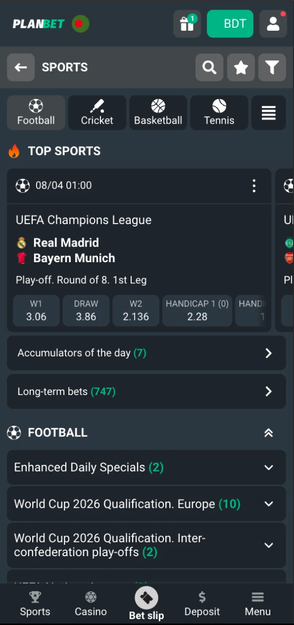 Select a football match and market on Planbet to place your bet.