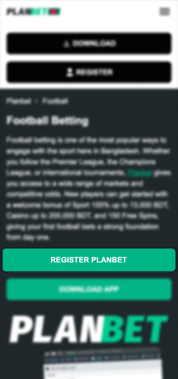 Register your personal Planbet account to access football betting features.