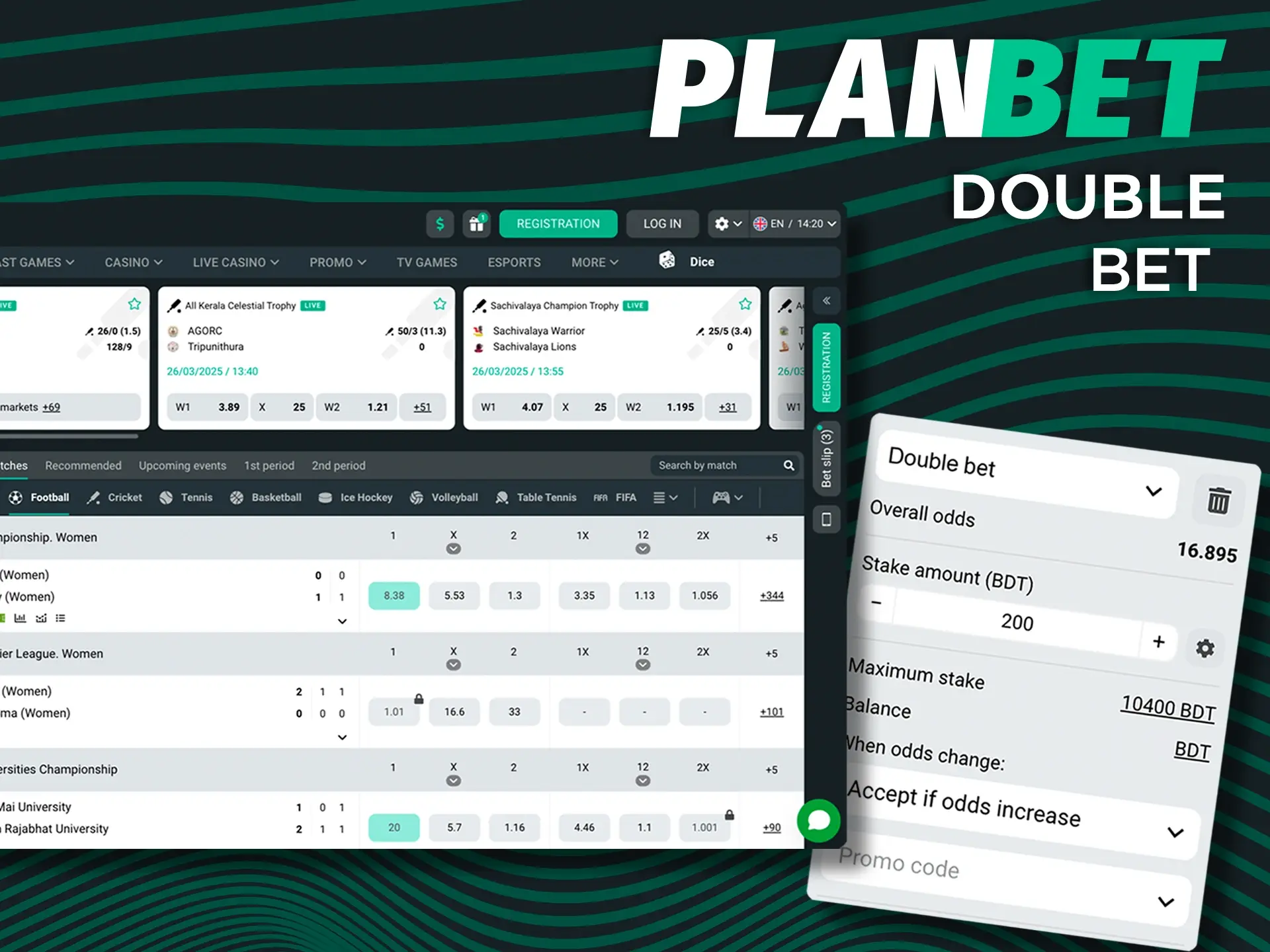 Make a double bet on different events on sports at Planbet.