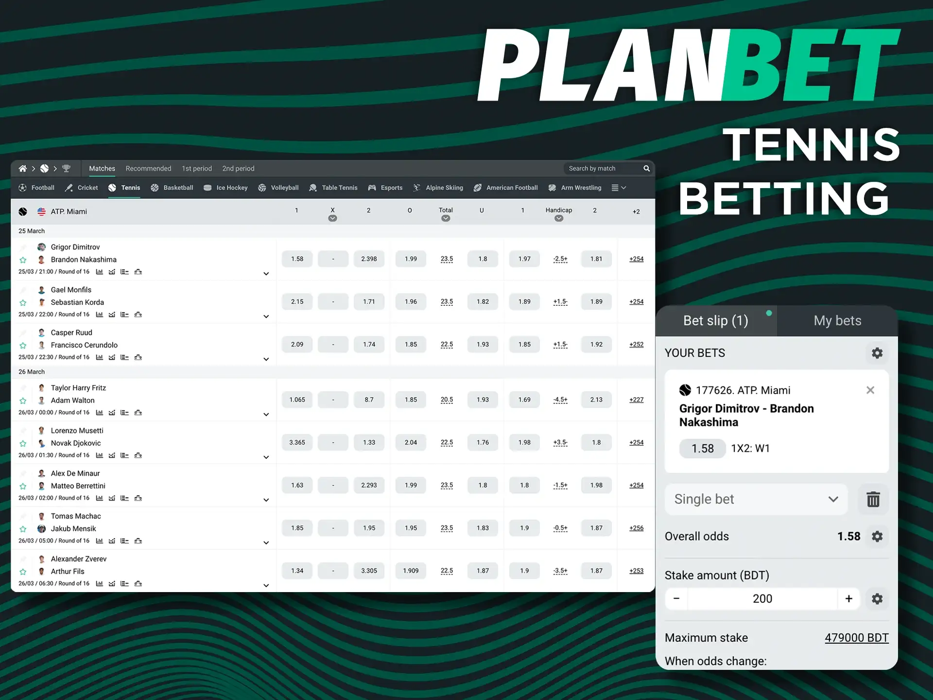 Pick your favorite for a tennis bet at Planbet.